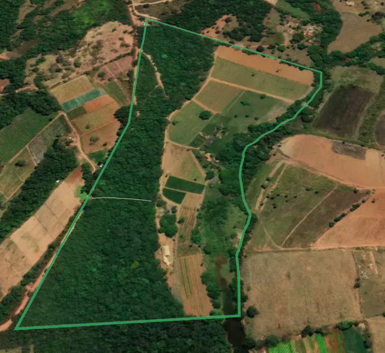 Fazenda Curralinho dentro da Safrus, com o perímetro oficial traçado em verde sobre a imagem de satélite